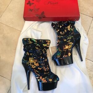Retl$130 7.5 Pleaser Black Sequin Women's High Heel Boots